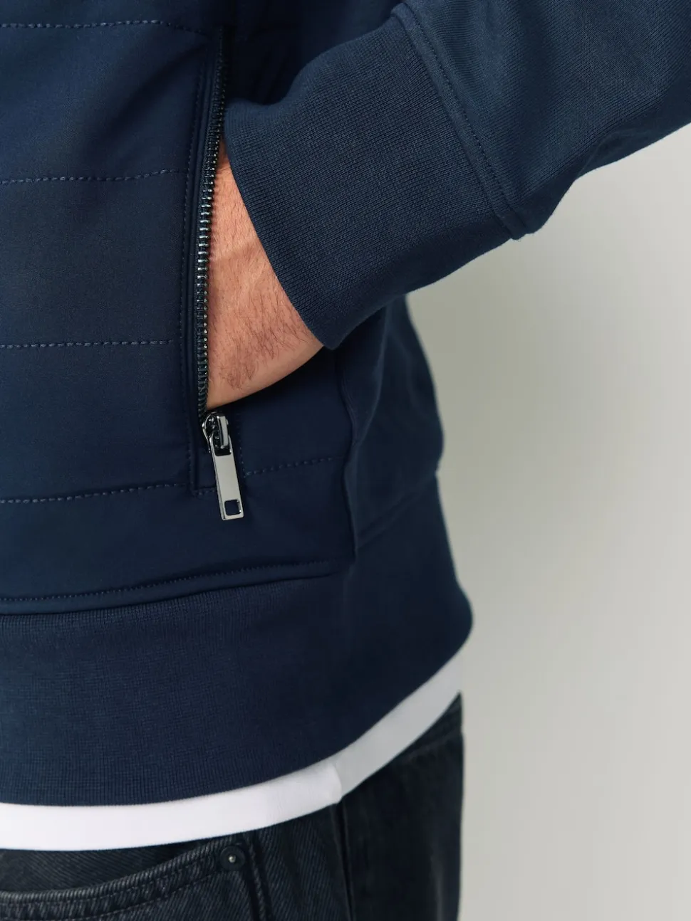 Navy Blue Non-Hooded Hybrid Full Zip Jacket