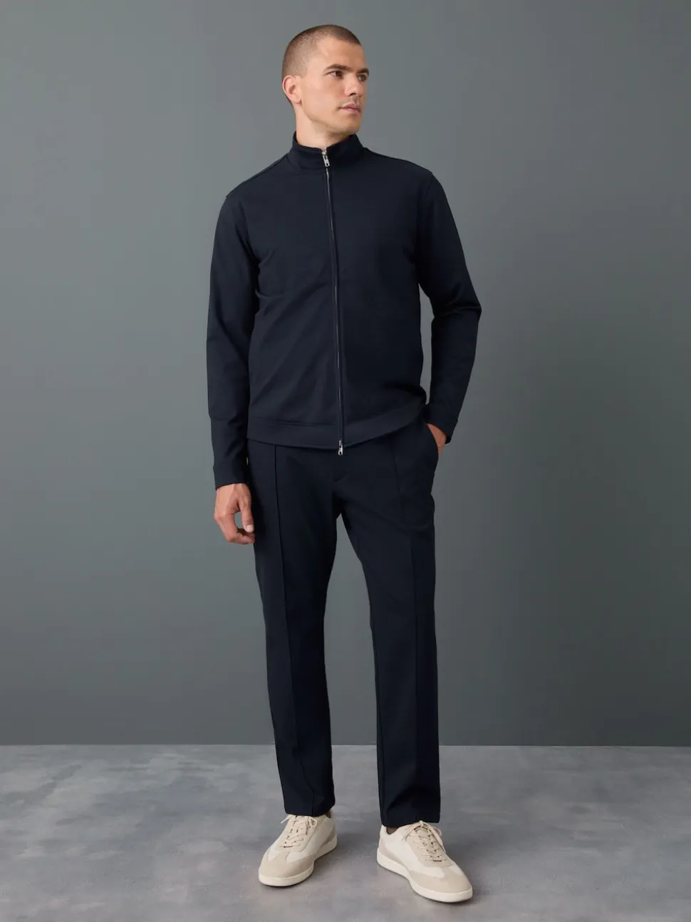 Navy Blue Premium Smart Funnel Neck Zip Through With Wool