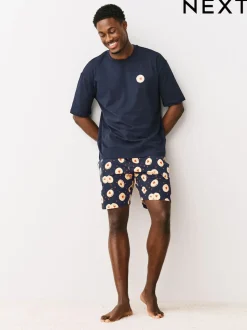 Navy Blue Printed Short Sleeve Heart Biscuit Jersey Pyjamas Set