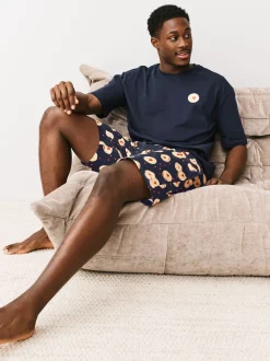 Navy Blue Printed Short Sleeve Heart Biscuit Jersey Pyjamas Set