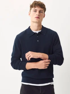 Navy Blue Regular Fit Cotton Rich Long Sleeve Knitted Polo Shirt