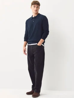 Navy Blue Regular Fit Cotton Rich Long Sleeve Knitted Polo Shirt