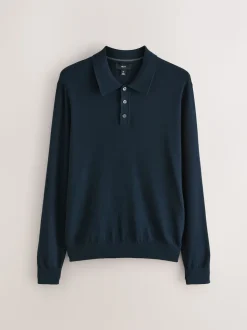 Navy Blue Regular Fit Cotton Rich Long Sleeve Knitted Polo Shirt