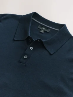 Navy Blue Regular Fit Cotton Rich Long Sleeve Knitted Polo Shirt