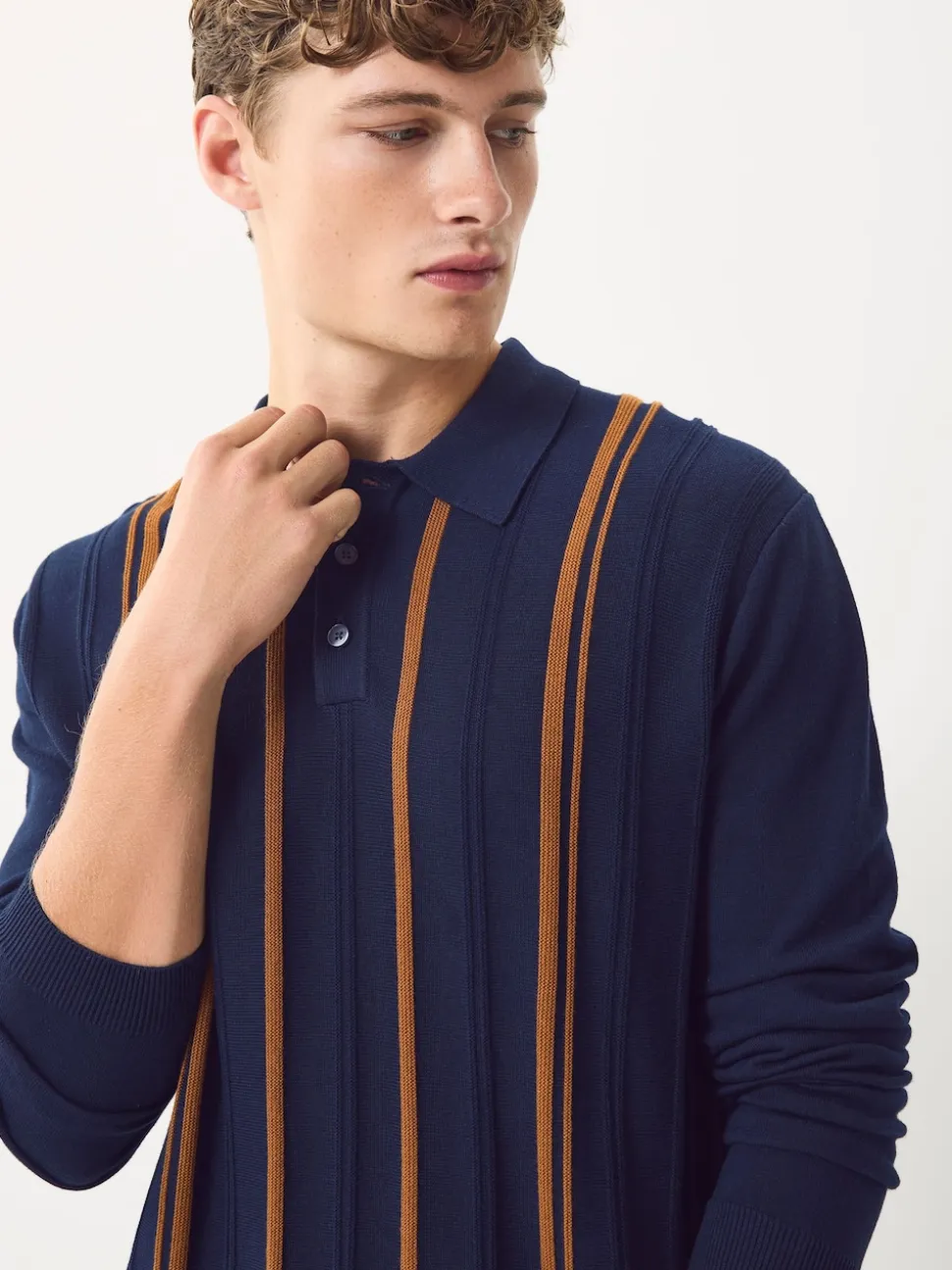 Navy Blue Regular Fit Cotton Rich Long Sleeve Stripe Knit Polo Shirt