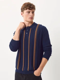 Navy Blue Regular Fit Cotton Rich Long Sleeve Stripe Knit Polo Shirt