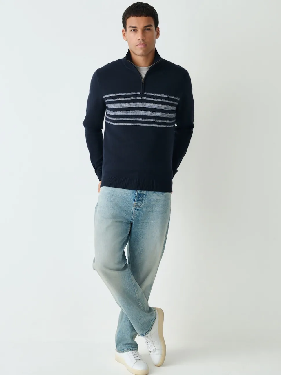 Navy Blue Regular Fit Essential Chest Block Stripe Quarter Zip Neck Jumper