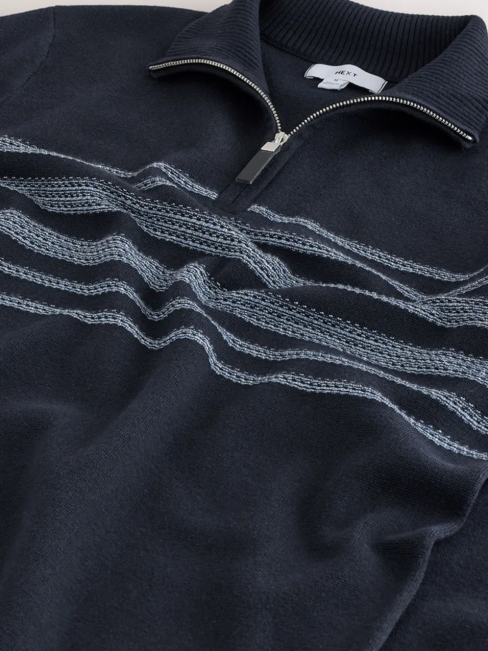 Navy Blue Regular Fit Essential Chest Block Stripe Quarter Zip Neck Jumper