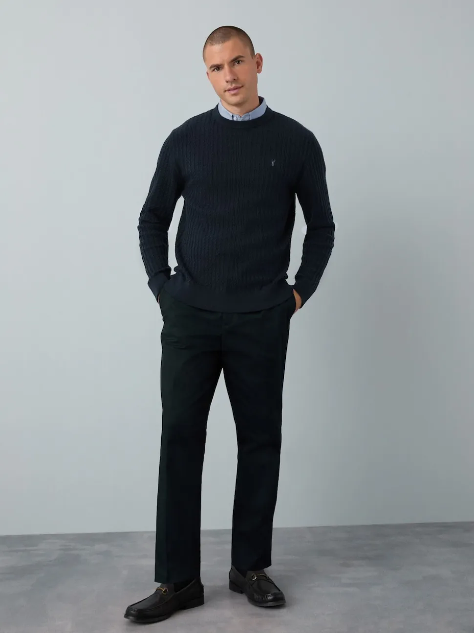 Navy Blue Regular Fit Mini Cable Mock Shirt Jumper