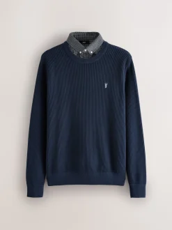 Navy Blue Regular Fit Rib Texture Mock Shirt Jumper