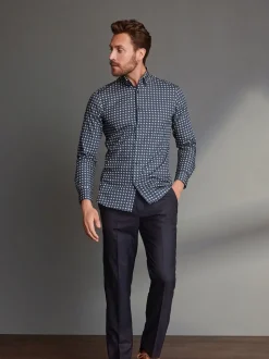 Navy Blue Regular Fit Signature 100% Wool Trousers With Motion Flex Waistband
