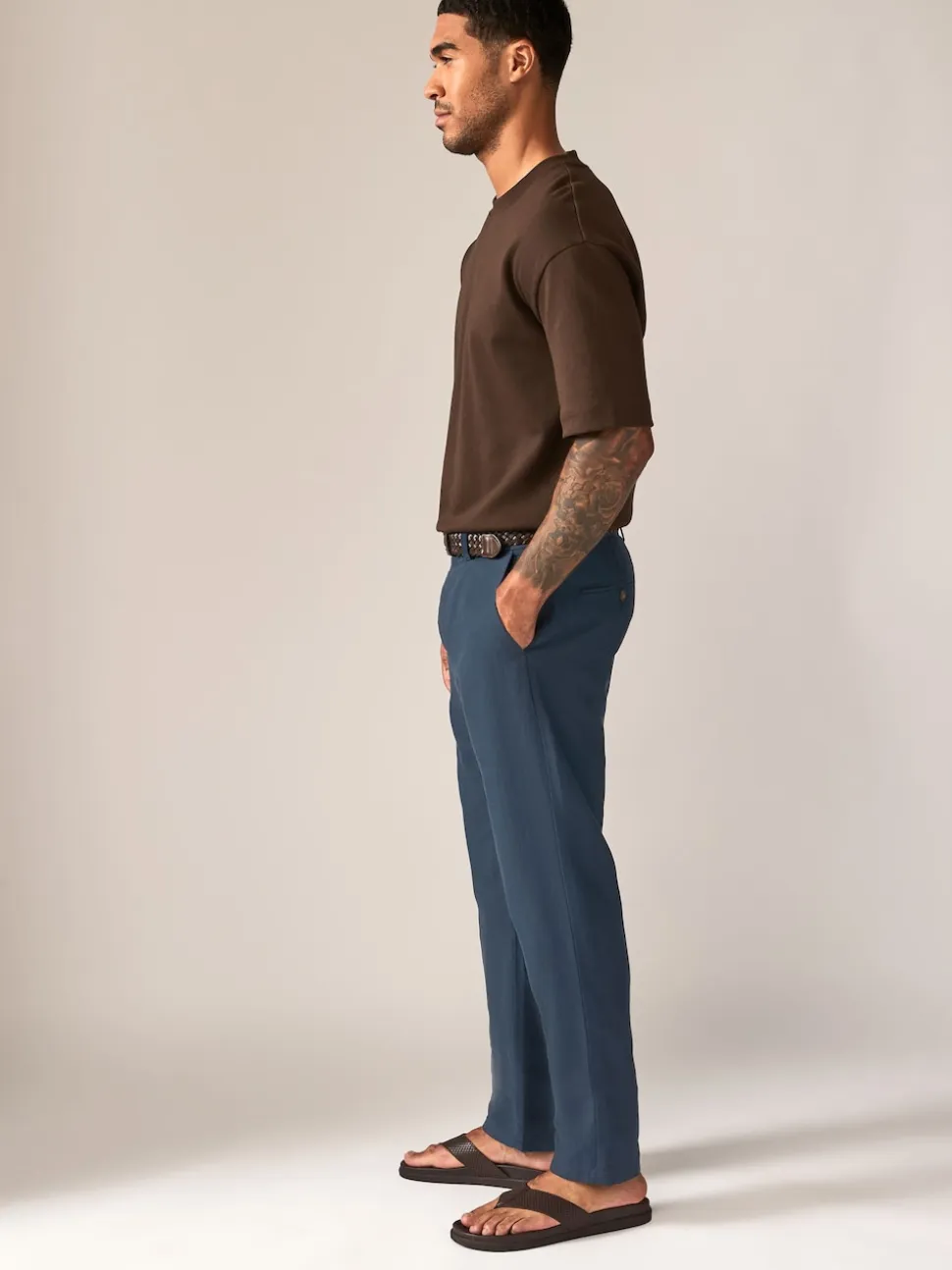 Navy Blue Regular Fit Smart Linen Cotton Blend Belted Trousers