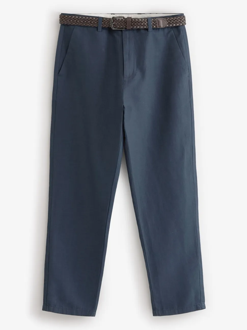 Navy Blue Regular Fit Smart Linen Cotton Blend Belted Trousers