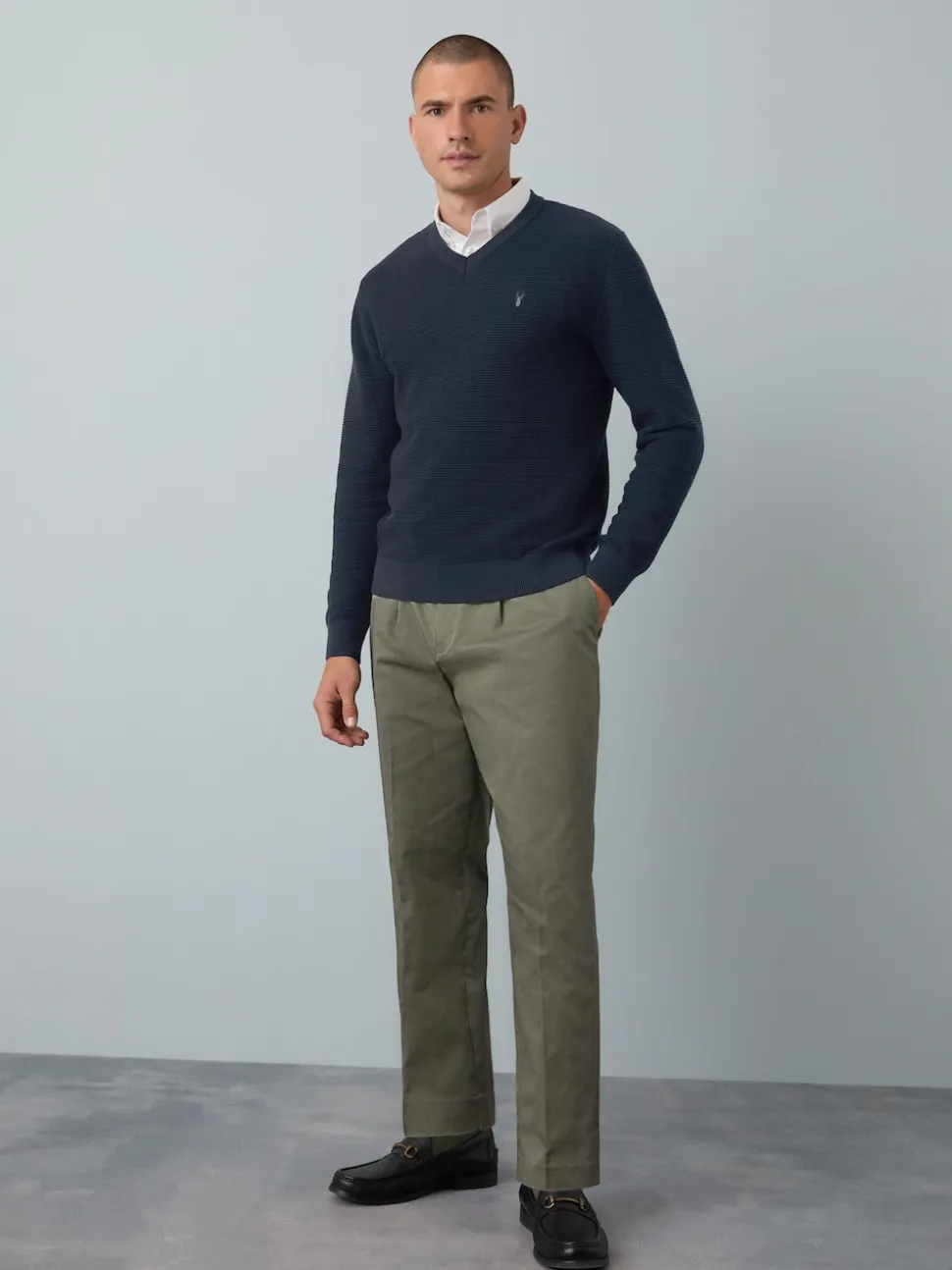 Navy Blue Regular Fit Textured Oxford Mock Shirt Jumper