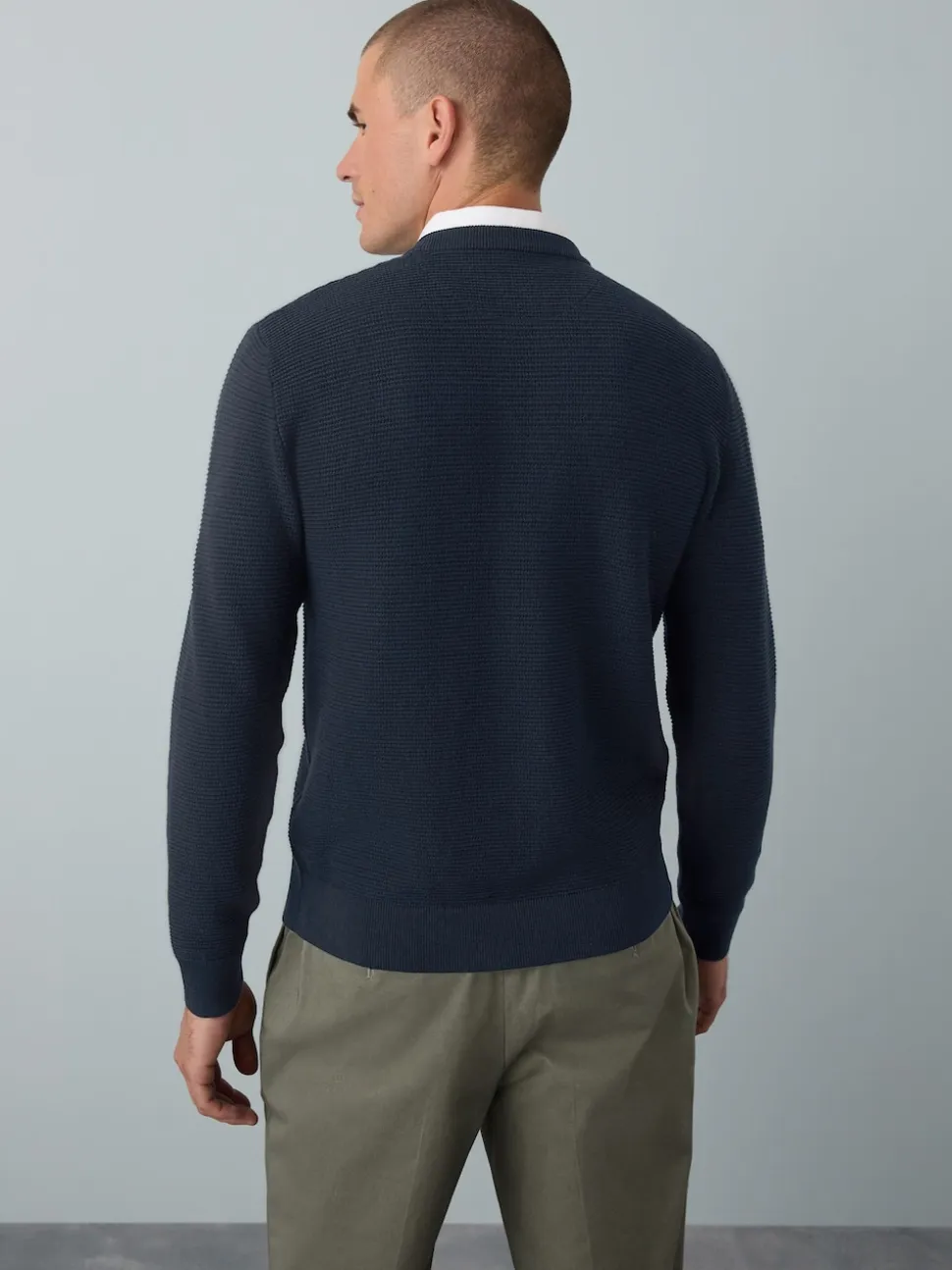 Navy Blue Regular Fit Textured Oxford Mock Shirt Jumper