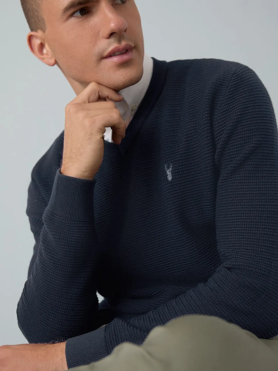Navy Blue Regular Fit Textured Oxford Mock Shirt Jumper
