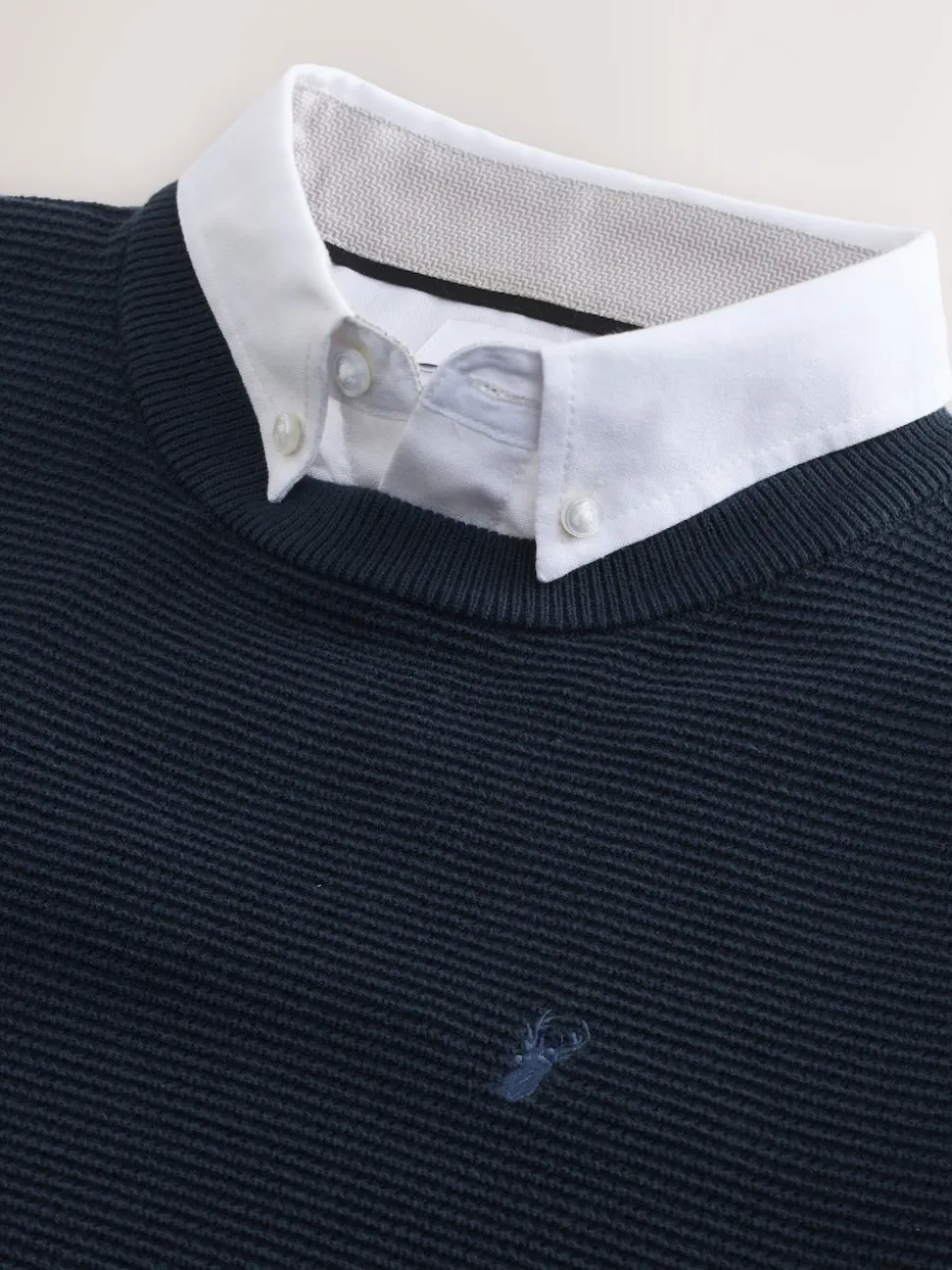 Navy Blue Regular Fit Textured Oxford Mock Shirt Jumper