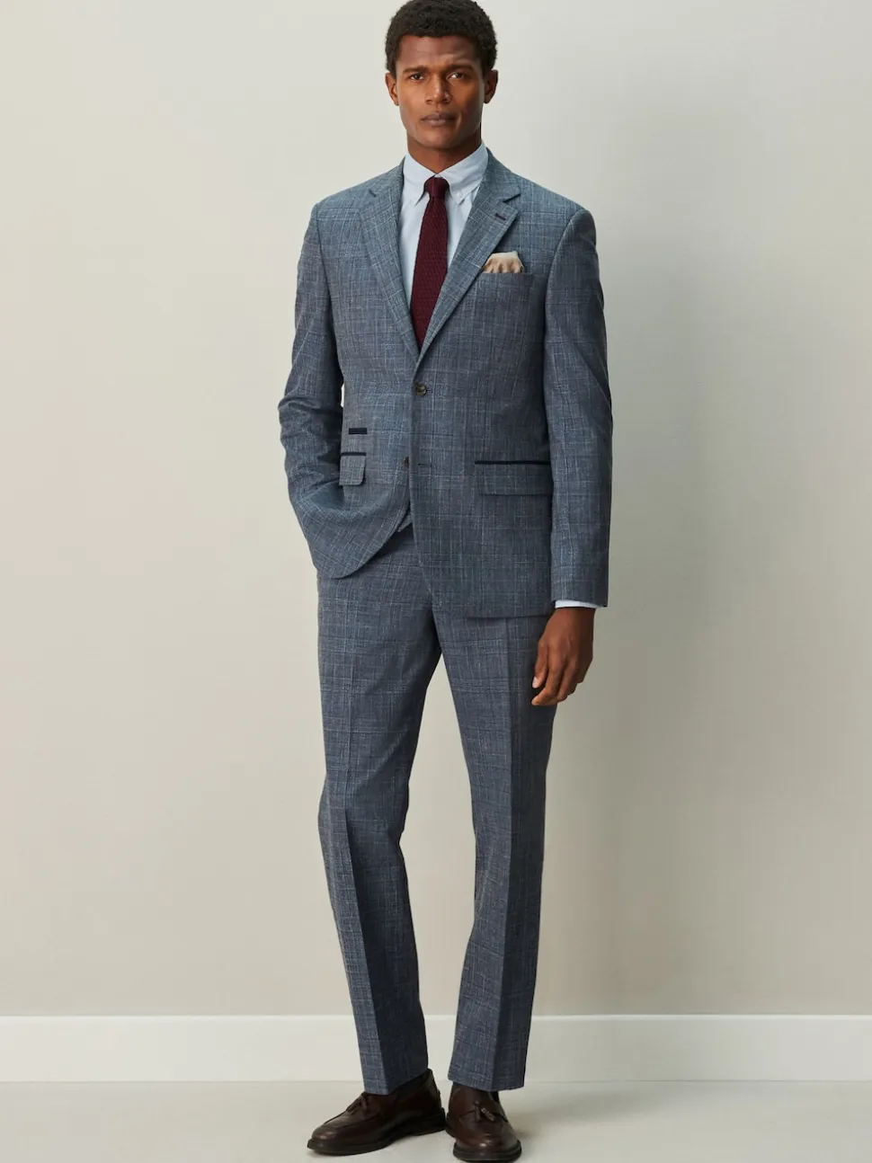 Navy Blue Regular Fit Trimmed Check Suit Trousers