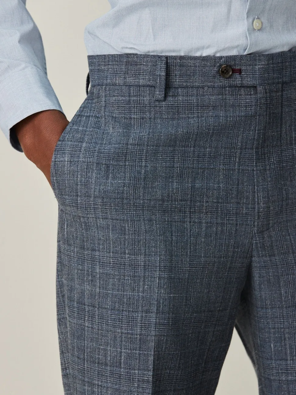 Navy Blue Regular Fit Trimmed Check Suit Trousers