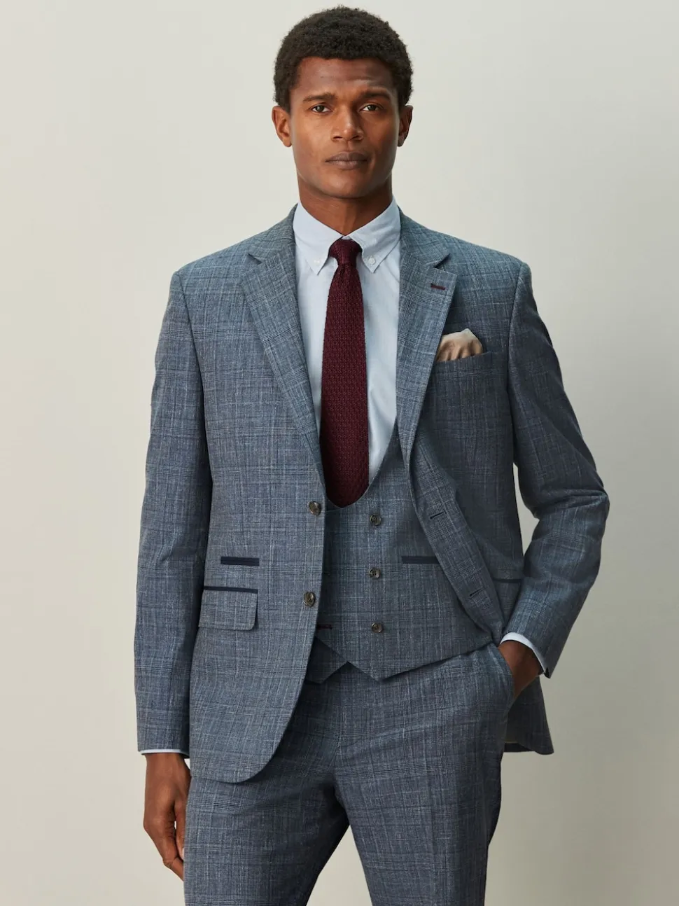 Navy Blue Regular Fit Trimmed Check Suit Jacket