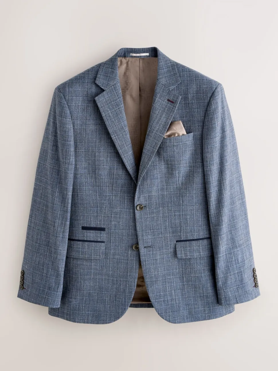 Navy Blue Regular Fit Trimmed Check Suit Jacket