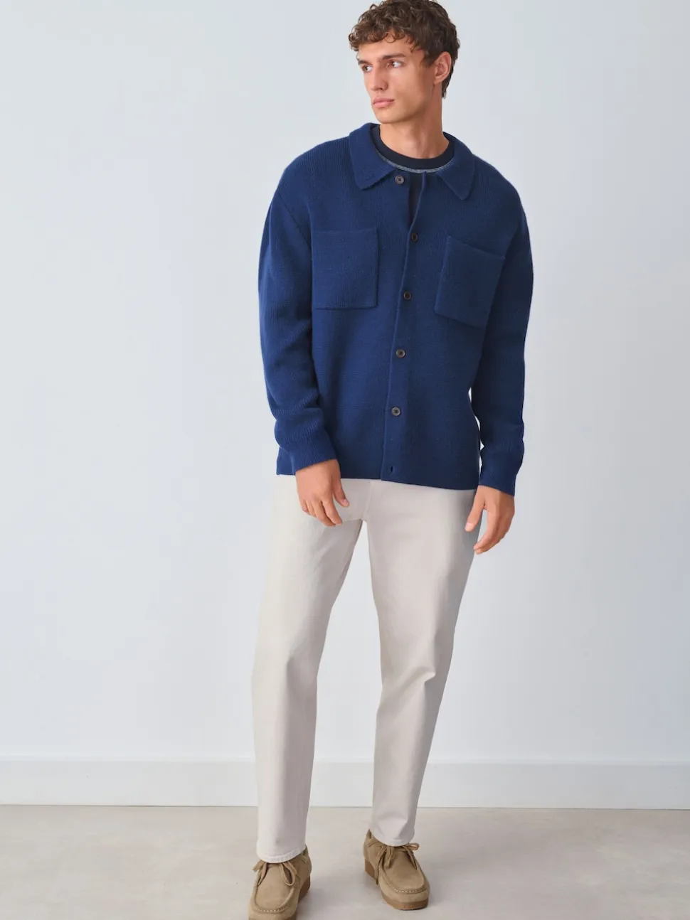 Navy Blue Regular Fit Twin Pocket Collared Cardigan with Wool