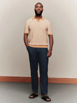 Navy Blue Regular Tapered Fit Linen Cotton Chino Trousers