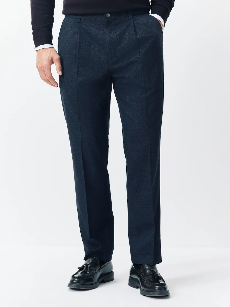 Navy Blue Regular Tapered Fit Smart Textured Soft Touch Trousers