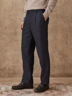 Navy Blue Regular Tapered Fit Nova Fides Wool Rich Herringbone Trousers