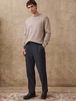Navy Blue Regular Tapered Fit Nova Fides Wool Rich Herringbone Trousers