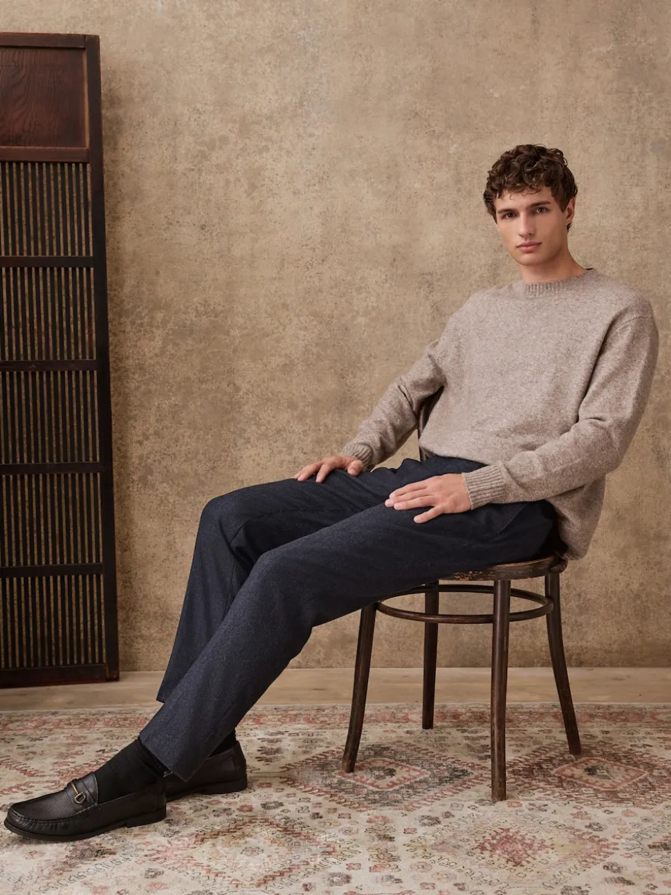 Navy Blue Regular Tapered Fit Nova Fides Wool Rich Herringbone Trousers