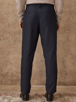 Navy Blue Regular Tapered Fit Nova Fides Wool Rich Herringbone Trousers
