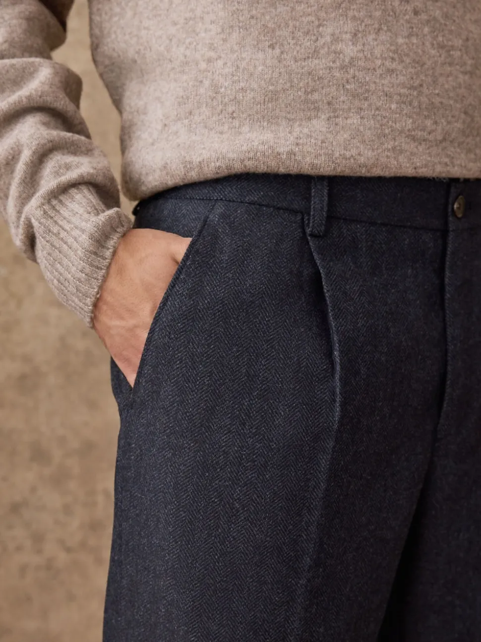 Navy Blue Regular Tapered Fit Nova Fides Wool Rich Herringbone Trousers