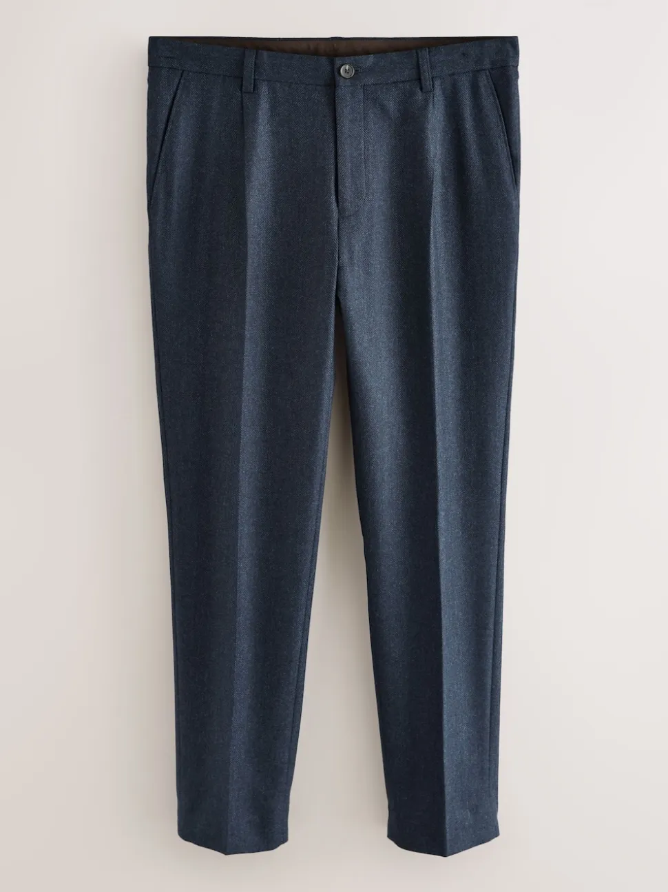 Navy Blue Regular Tapered Fit Nova Fides Wool Rich Herringbone Trousers