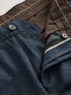 Navy Blue Regular Tapered Fit Nova Fides Wool Rich Herringbone Trousers