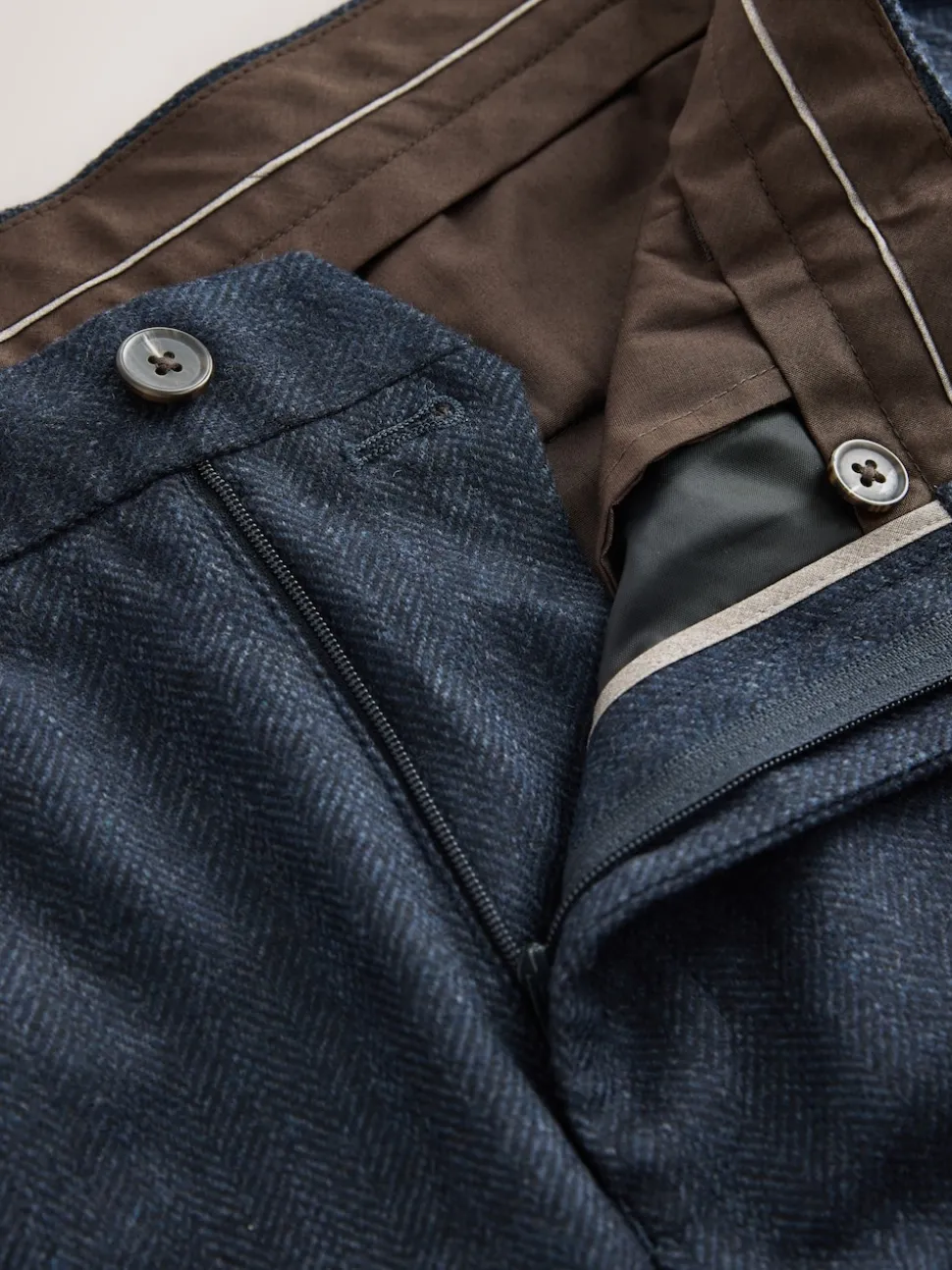 Navy Blue Regular Tapered Fit Nova Fides Wool Rich Herringbone Trousers