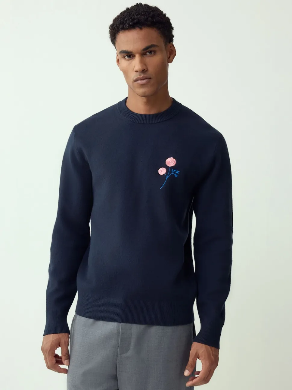 Navy Blue Relaxed Fit Floral Graphic Print Crew Neck Jumper