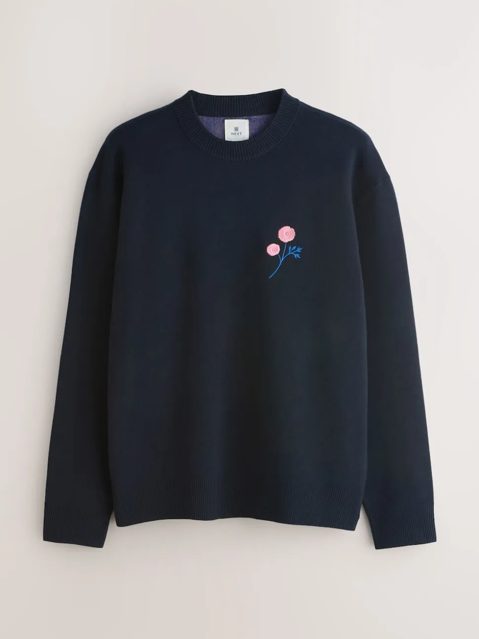 Navy Blue Relaxed Fit Floral Graphic Print Crew Neck Jumper