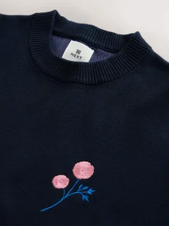 Navy Blue Relaxed Fit Floral Graphic Print Crew Neck Jumper