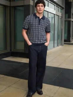 Navy Blue Relaxed Fit Geo Pattern Short Sleeve Knitted Polo Shirt
