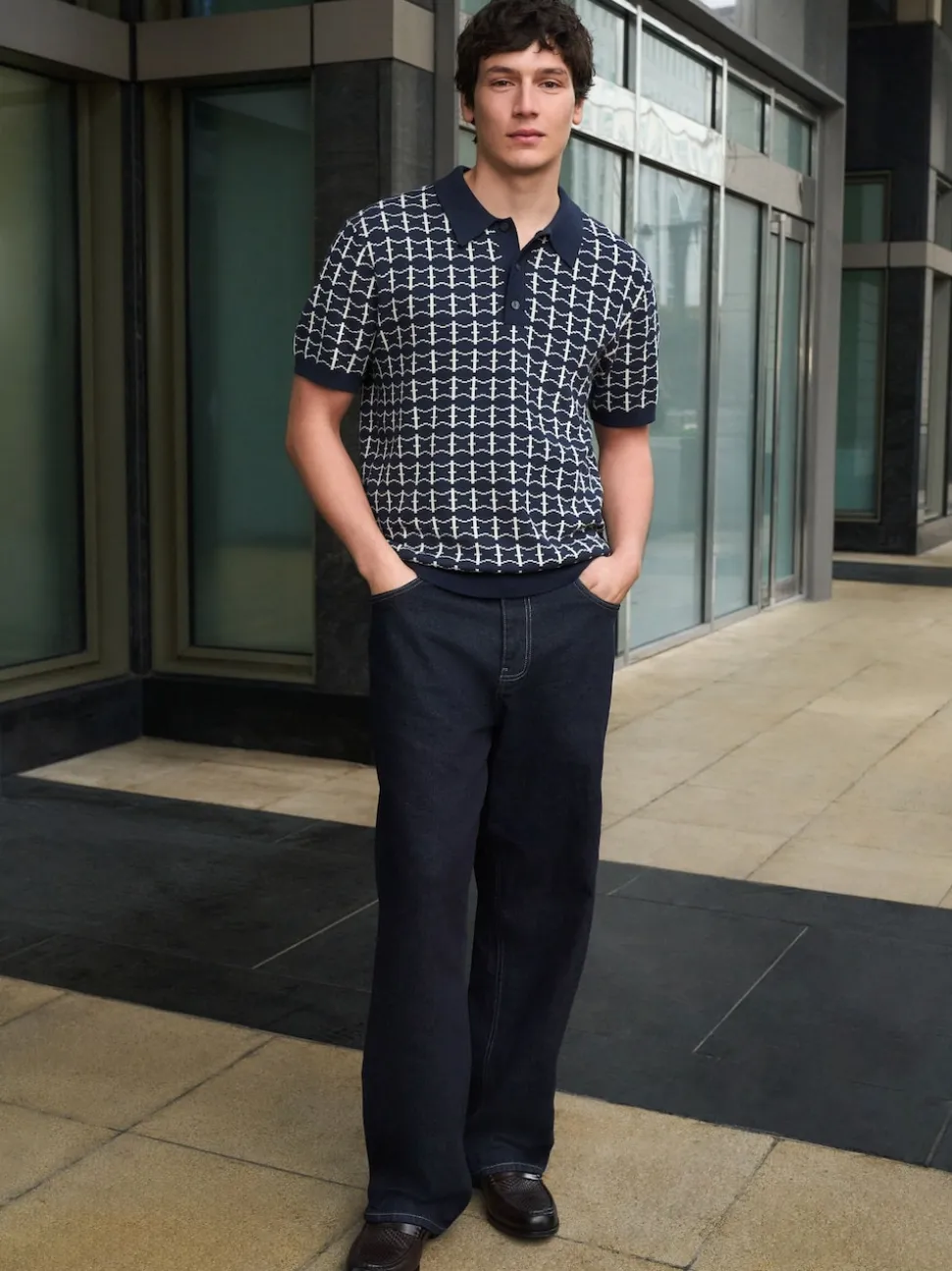 Navy Blue Relaxed Fit Geo Pattern Short Sleeve Knitted Polo Shirt