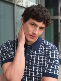 Navy Blue Relaxed Fit Geo Pattern Short Sleeve Knitted Polo Shirt