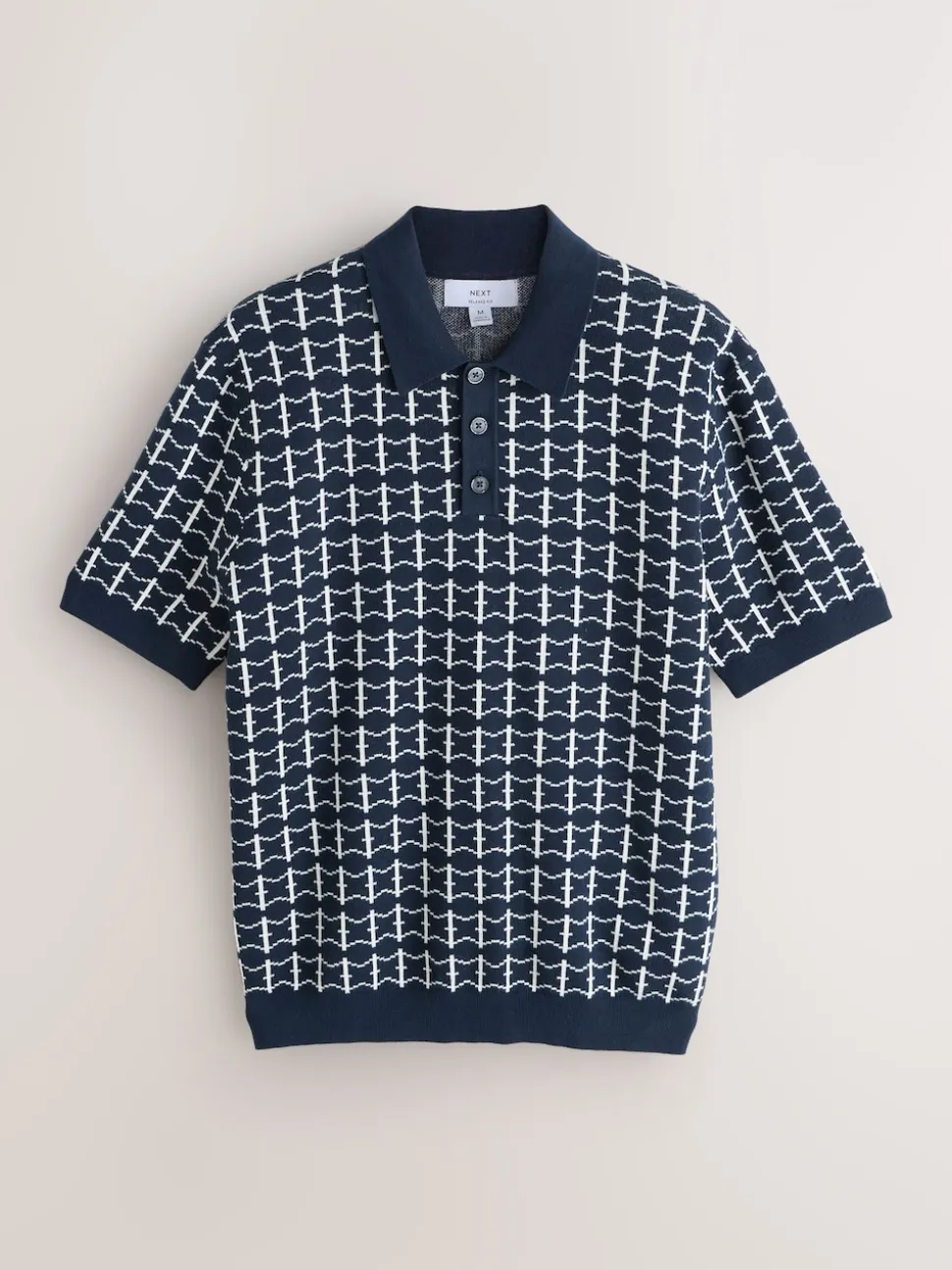 Navy Blue Relaxed Fit Geo Pattern Short Sleeve Knitted Polo Shirt