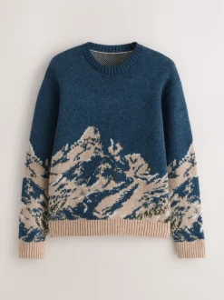 Navy Blue Relaxed Fit Knitted Mountain Landscape Crew Neck Jumper