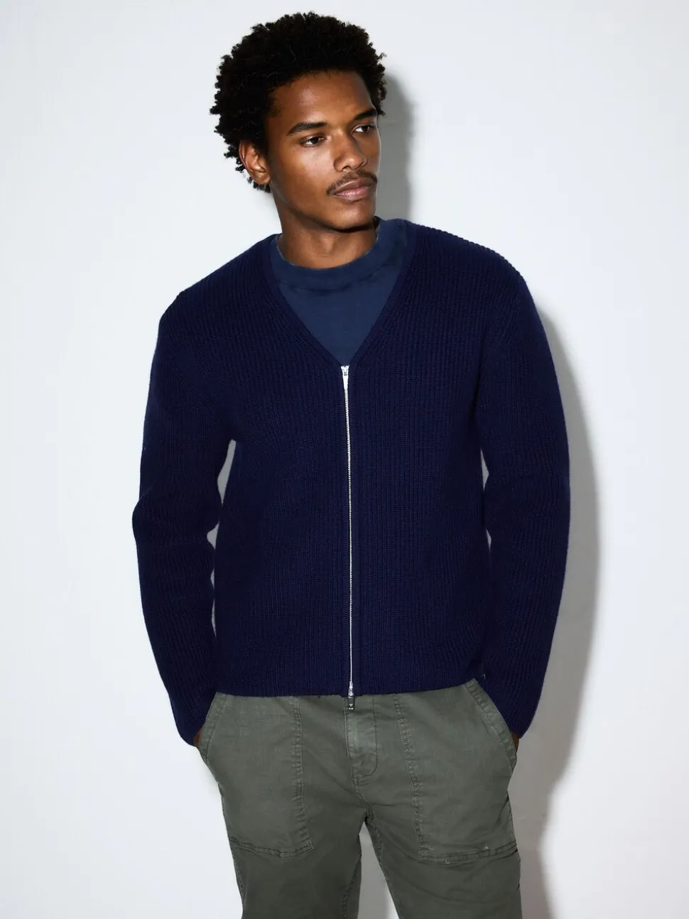 Navy Blue Relaxed Fit Ribbed Zip Through Cardigan with Wool