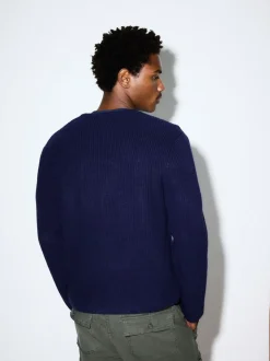 Navy Blue Relaxed Fit Ribbed Zip Through Cardigan with Wool