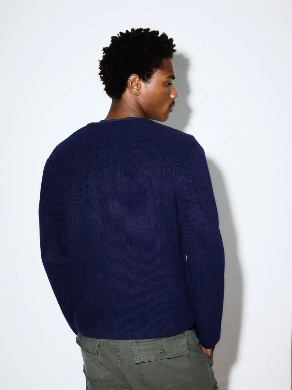 Navy Blue Relaxed Fit Ribbed Zip Through Cardigan with Wool
