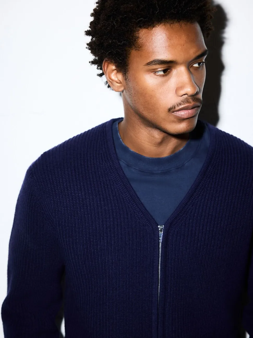 Navy Blue Relaxed Fit Ribbed Zip Through Cardigan with Wool
