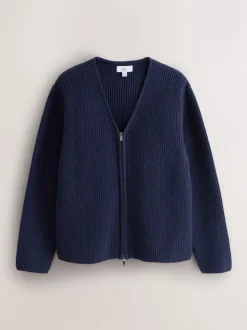 Navy Blue Relaxed Fit Ribbed Zip Through Cardigan with Wool