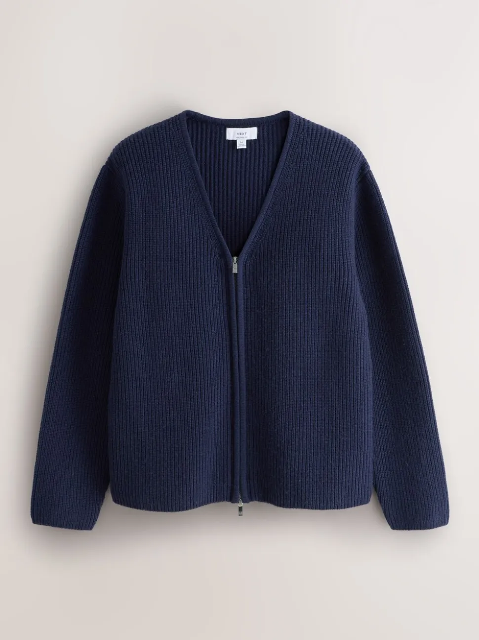Navy Blue Relaxed Fit Ribbed Zip Through Cardigan with Wool